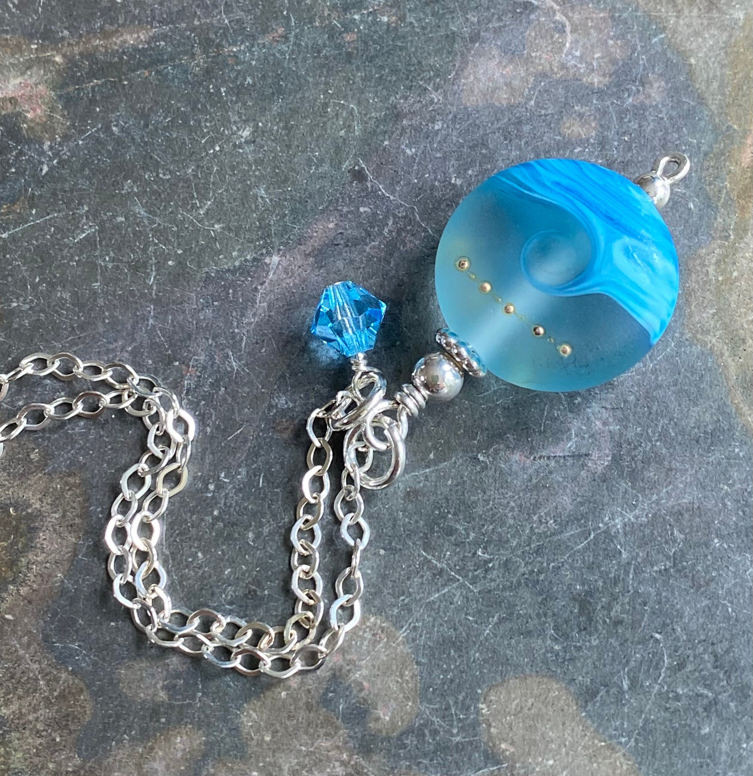 Beach Necklace, Ocean Wave Necklace in Sterling silver, Blue Ocean Wave Lampwork Glass Necklace, Blue Ocean Wave Glass  Necklace,