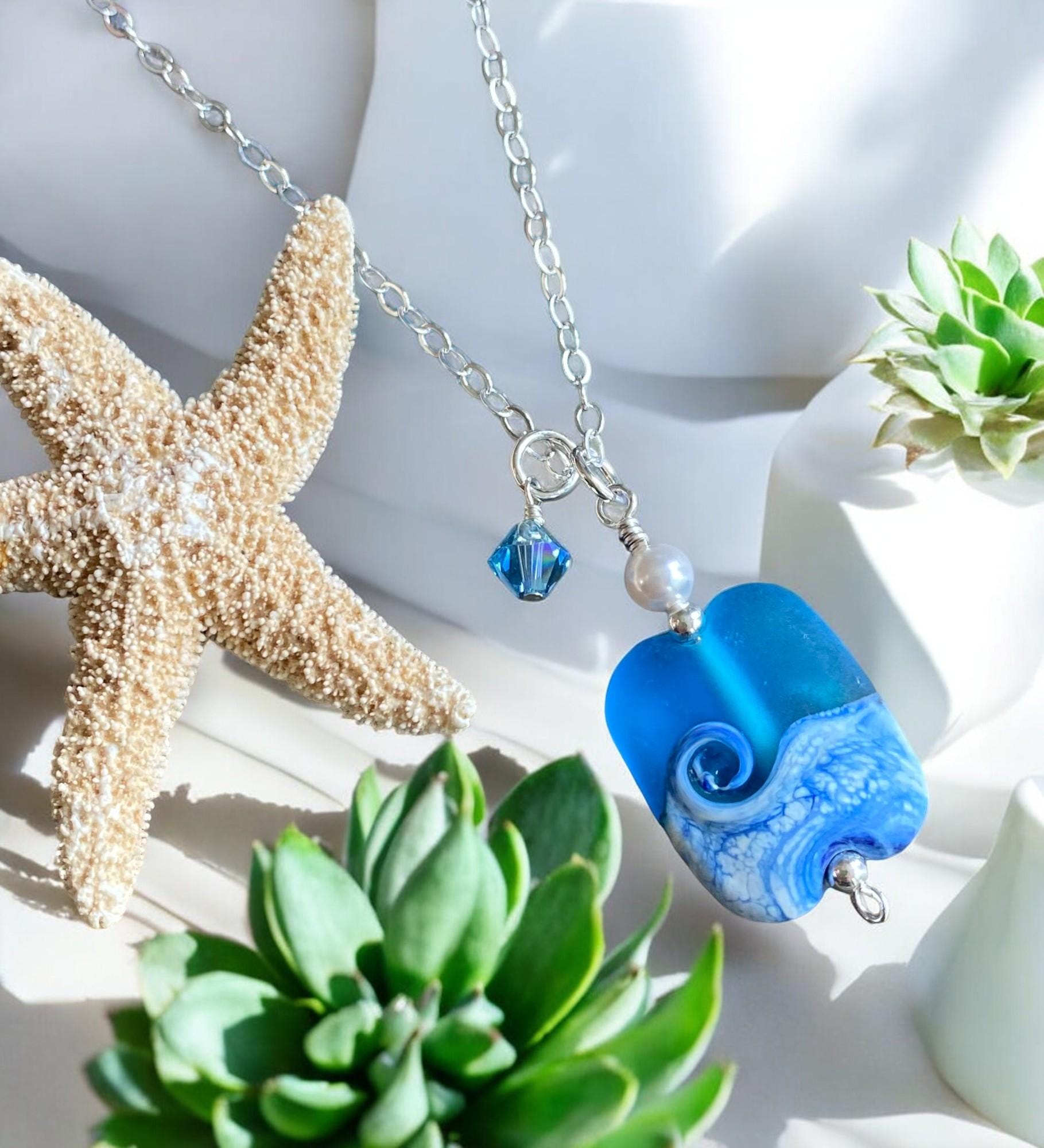Wave Necklace, Lapmwork Ocean Wave Necklace, Blue Beach Wave Necklace, Beach Wave Jewelry, Blue Sea Glass Necklace sterling silver
