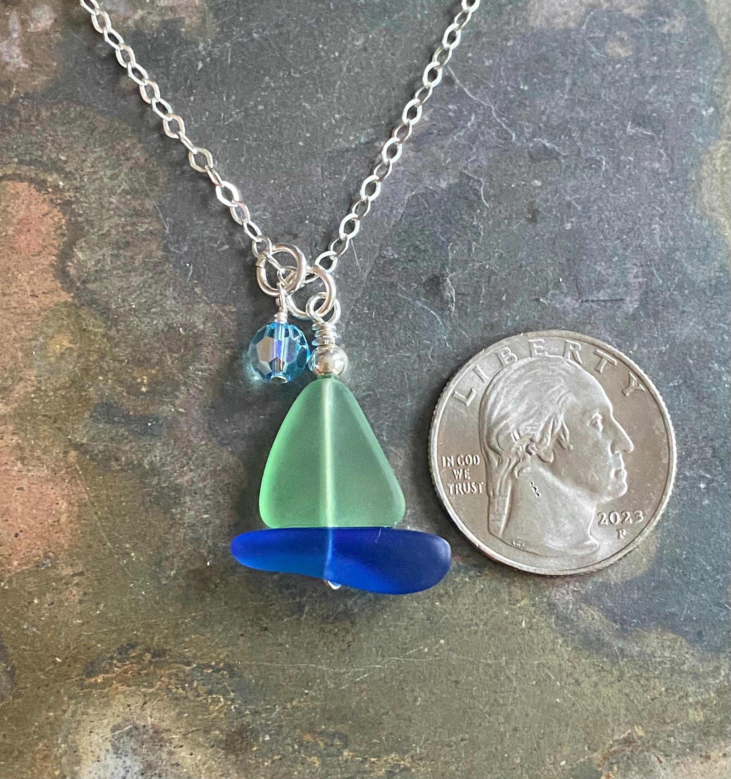 Sailboat Necklace, STERLING SILVER Peridot Green Beach Glass Sailboat Necklace, Green Sea GlassN ecklace, Nautical Sailboat Necklace