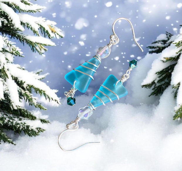 Holiday Dangle Earrings, Ready Ship in ONE day, Sea Glass Christmas Tree Earrings, Beach Glass Christmas Tree Earrings, Sea Glass Jewelry,
