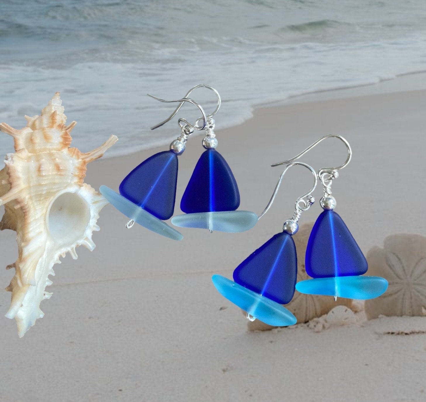 STERLING SILVER Sailboat Sea Glass Earrings, Cobalt Blue Sea Glass Earrings, Blue Sea Glass Earrings, Beach Weddings,, Sea glass