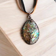 Wire Wrapped Rainbow Abalone Necklace in Antiqued Copper WHOLE PIECE, Abalone Shell Pendant, Abalone Shell Tree of Life Copper Necklace,