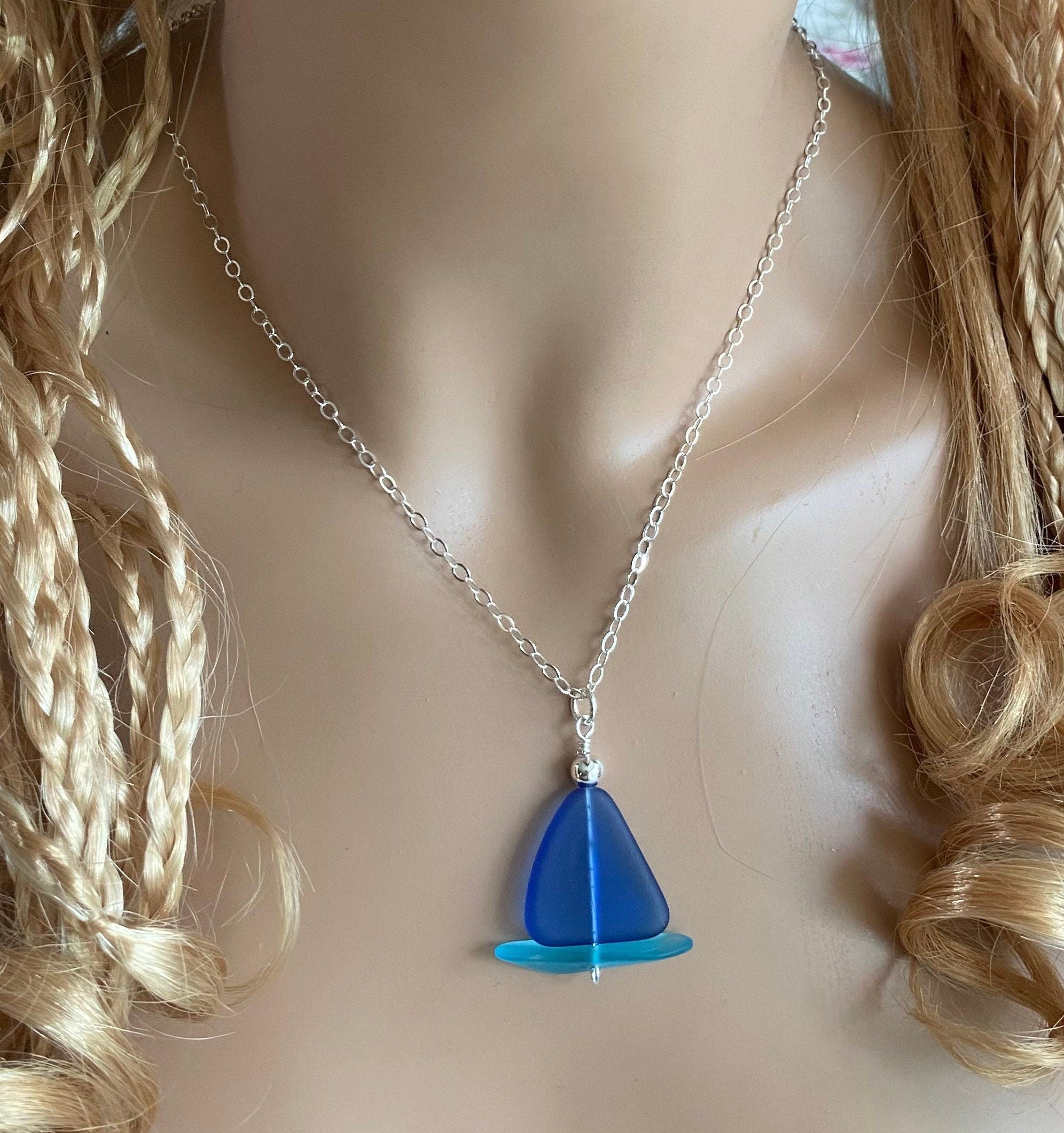 Sterling Silver Sailboat Necklace with chain,Beach Glass Necklace, Cobalt Blue Sea Glass Necklace,Beach Weddings,Bridesmaid Necklace/jewelry
