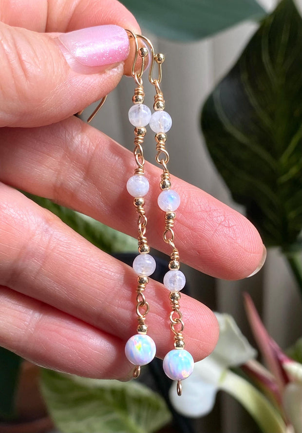 Moonstone Long Elegant Earrings in Gold, Wired Wrapped Opal Dangling Earrings, June Birthstone Earrings, October Birthstone Earrings