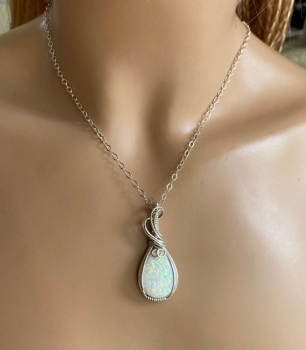 White Opal Necklace,STERLING Silver October Opal Birthstone Necklace,Wire Wrapped Lab Created White Opal Necklace,