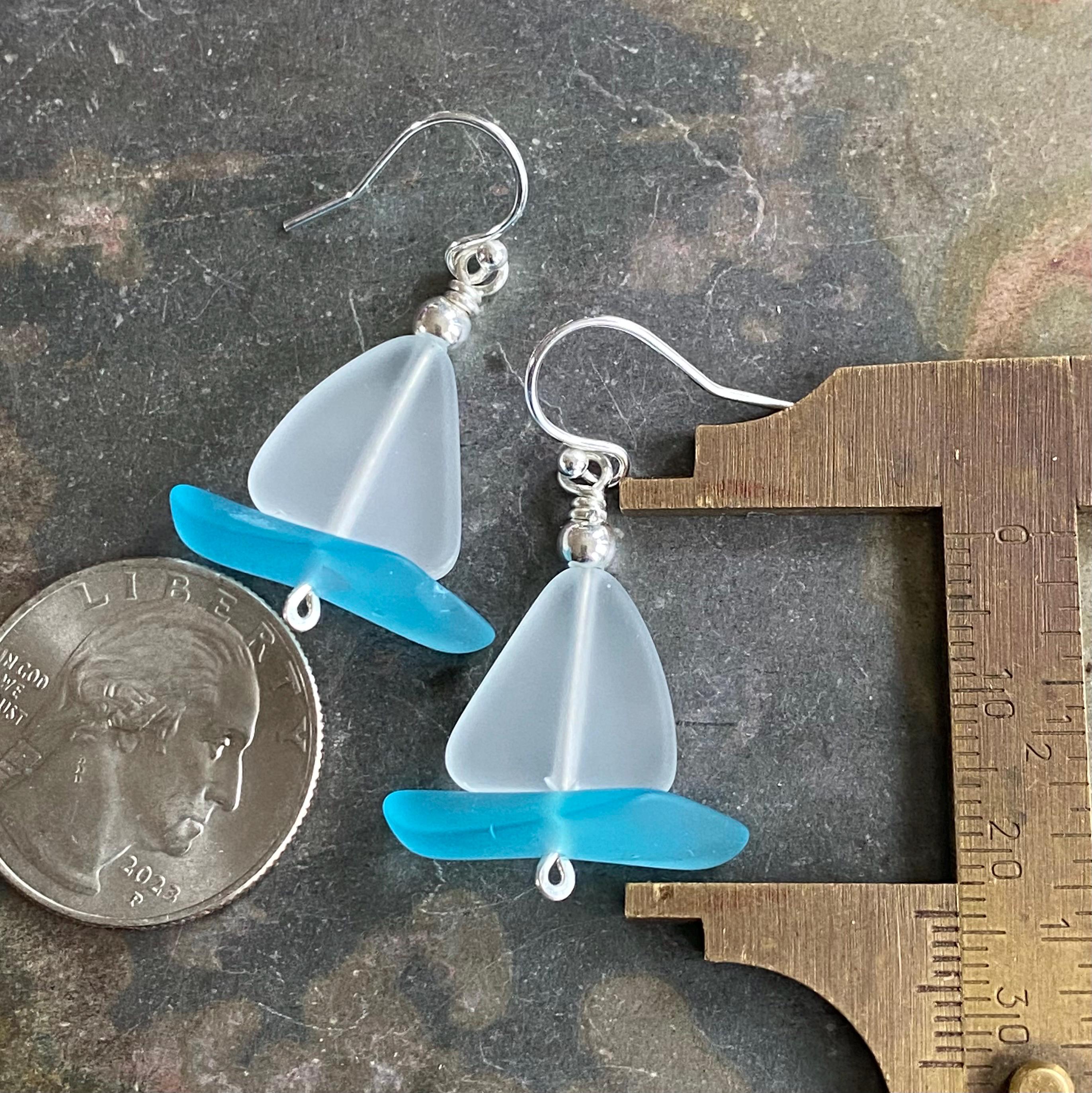 Nautical White Sea Glass Sailboat Necklace & Earring SET in Sterling Silver, Ocean-Inspired Beach Glass Sailboat Necklace and Earring SET,