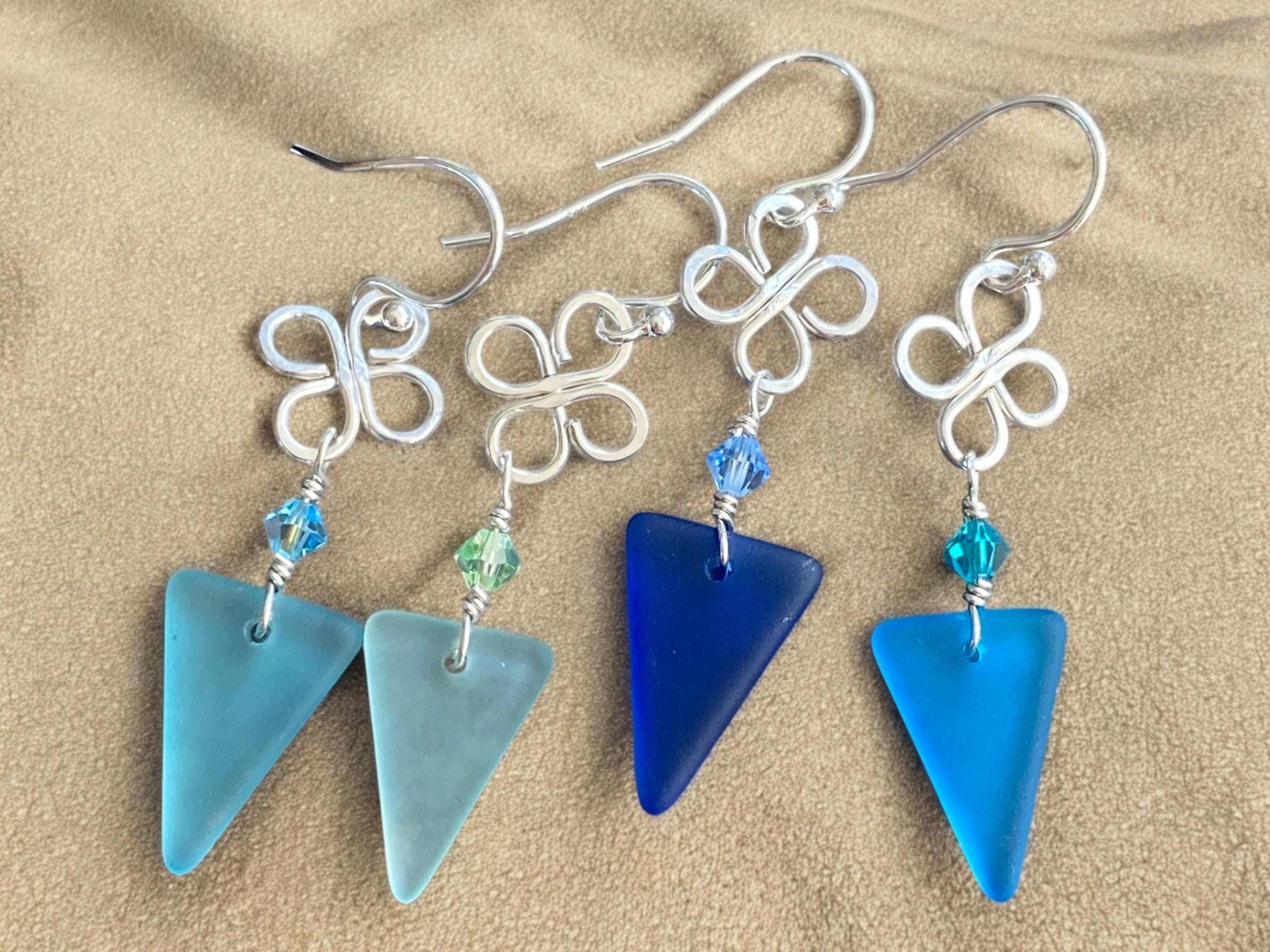 Celtic Inspired Sea Glass Dangling Earrings, Sterling Silver Clover Coastal Style Sea Glass Jewelry, Wired Lucky Charm Sea Glass Earrings