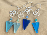 Celtic Inspired Sea Glass Dangling Earrings, Sterling Silver Clover Coastal Style Sea Glass Jewelry, Wired Lucky Charm Sea Glass Earrings