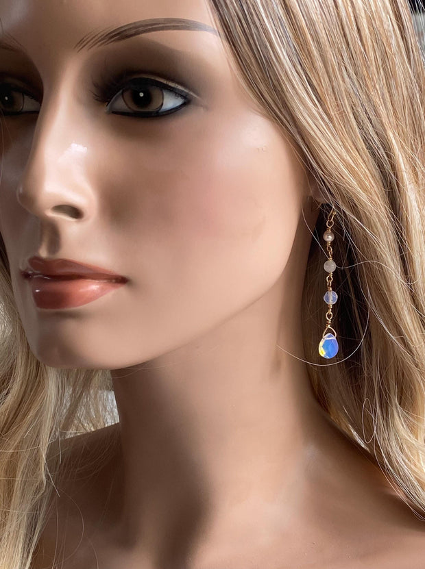 Handmade Moonstone, Pearl & Opalite in Gold Long Dangle Earrings, Elegant Moonstone Long Earrings, June Birthstone Gift for Her