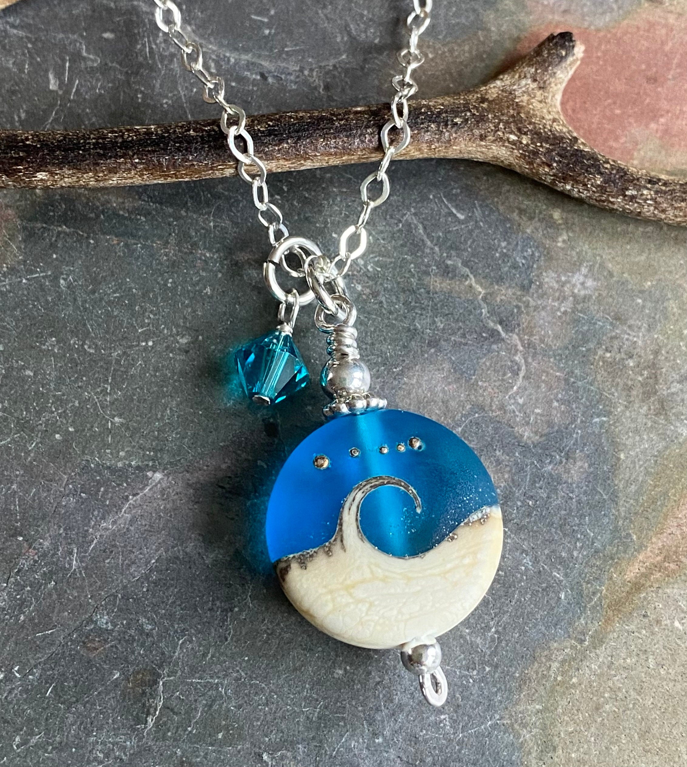 Blue Beach Wave Necklace in .925 Sterling Silver, Ocean Wave Necklace, Blue Beach Wave Sea Glass Necklace ,Wave Lampwork Pendant Necklace