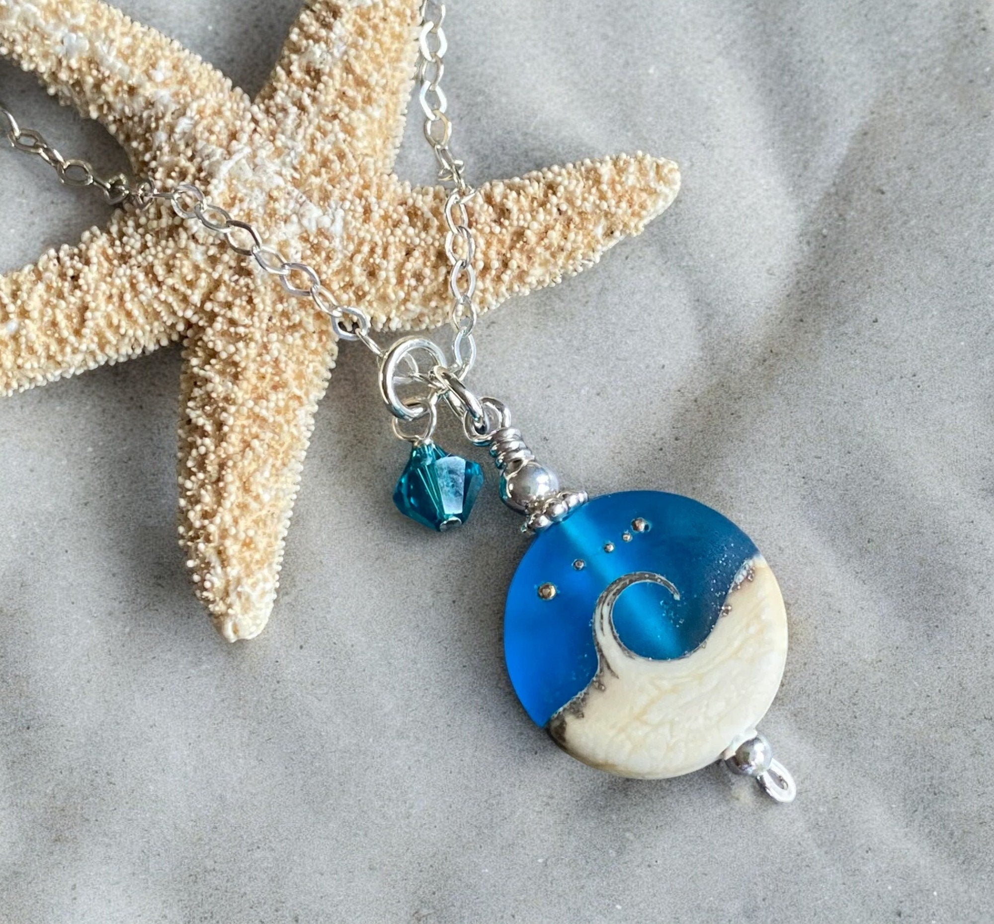 Blue Beach Wave Necklace in .925 Sterling Silver, Ocean Wave Necklace, Blue Beach Wave Sea Glass Necklace ,Wave Lampwork Pendant Necklace