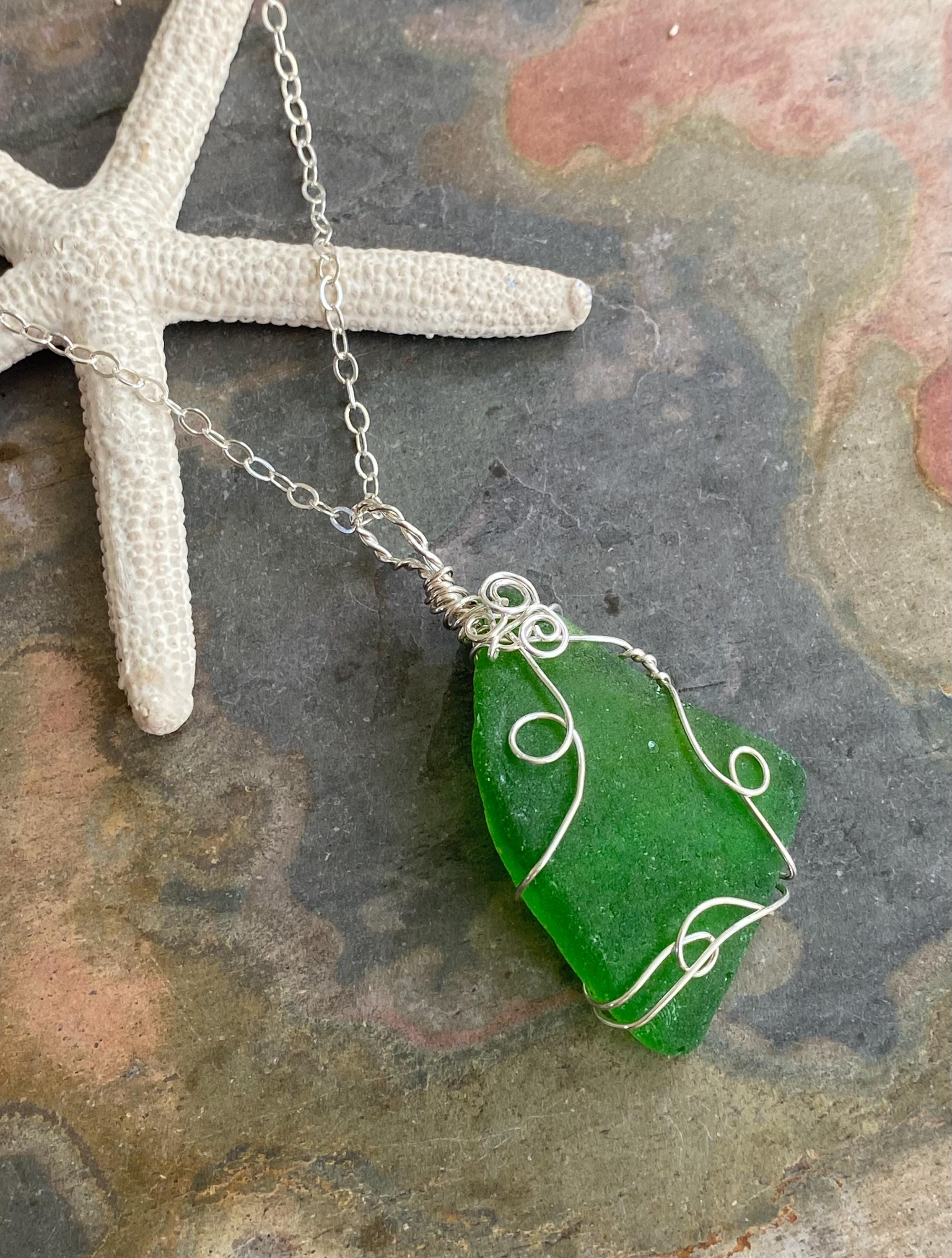 Green Beach Glass Necklace in Sterling Silver, Wire Wrapped Genuine Green Beach Glass Necklace, Sea Glass Jewelry, Ocean Treasure Necklace