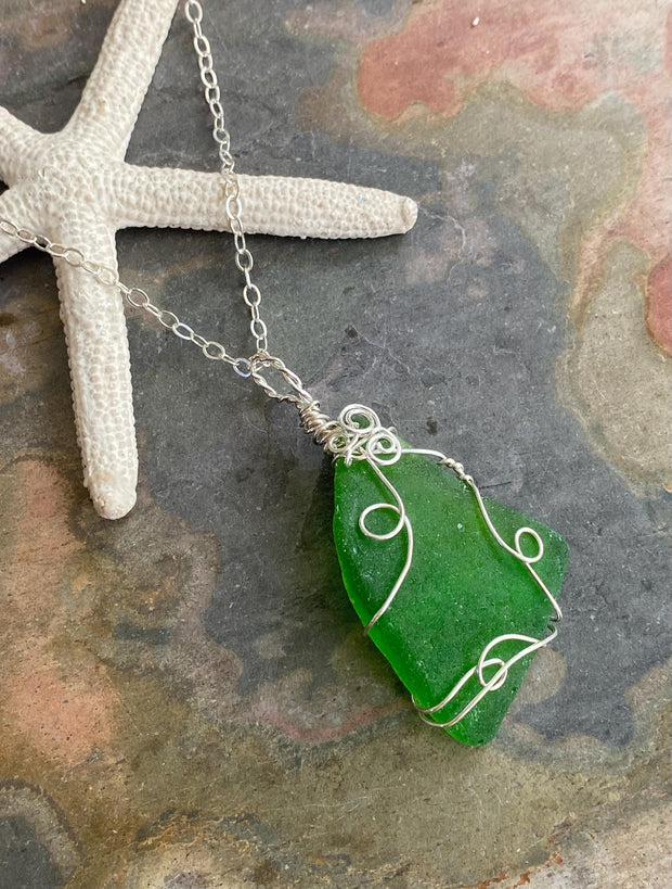 Green Beach Glass Necklace in Sterling Silver, Wire Wrapped Genuine Green Beach Glass Necklace, Sea Glass Jewelry, Ocean Treasure Necklace