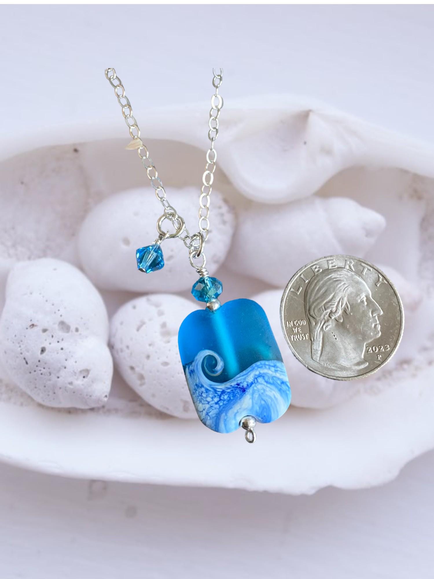 Ocean Beach Wave Necklace, Blue Beach Wave Necklace,Ocean Wave Lampwork Pendant, Beach Wave Jewelry, Blue Sea Glass Necklace sterling silver