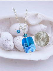 Ocean Beach Wave Necklace, Blue Beach Wave Necklace,Ocean Wave Lampwork Pendant, Beach Wave Jewelry, Blue Sea Glass Necklace sterling silver