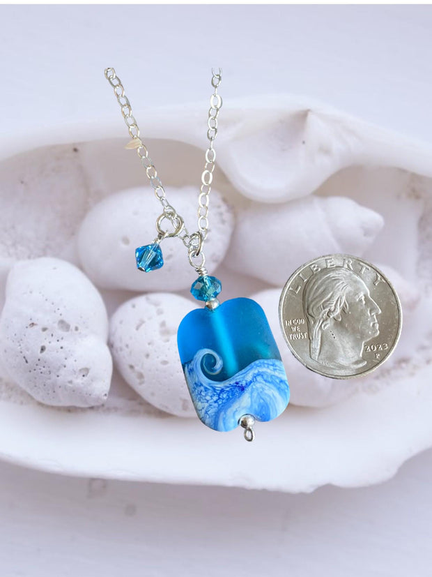 Ocean Beach Wave Necklace, Blue Beach Wave Necklace,Ocean Wave Lampwork Pendant, Beach Wave Jewelry, Blue Sea Glass Necklace sterling silver