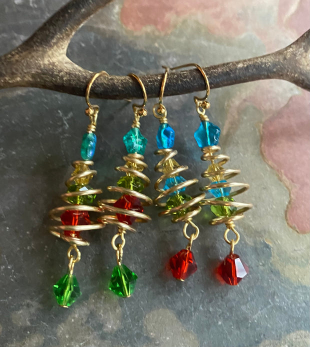 READY to  SHIP in 1 to 2  days, Christmas Tree Earrings, Wired Christmas Earrings, Swirled Christmas Tree dangling Earrings, Holiday jewelry