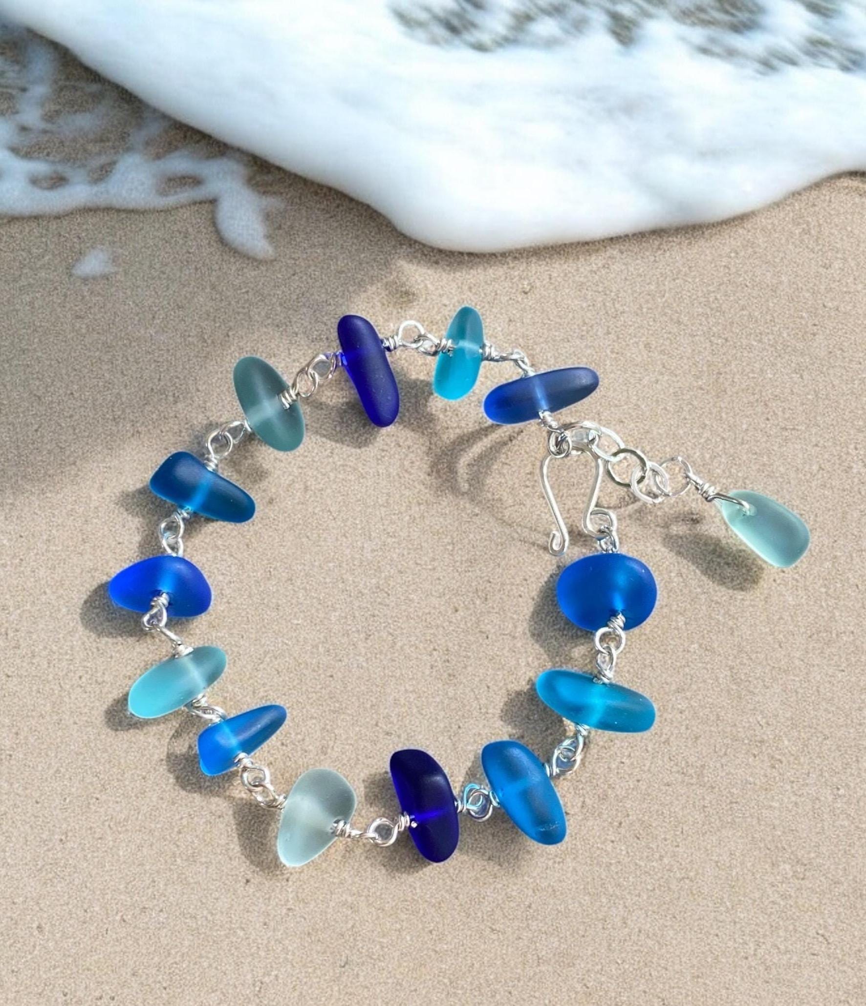 Sterling Silver Sea Glass Bracelet, Custom Sea Glass Bracelet, Personalized Bracelet  for Her, Chain Link Bracelet, Friendship Bracelet