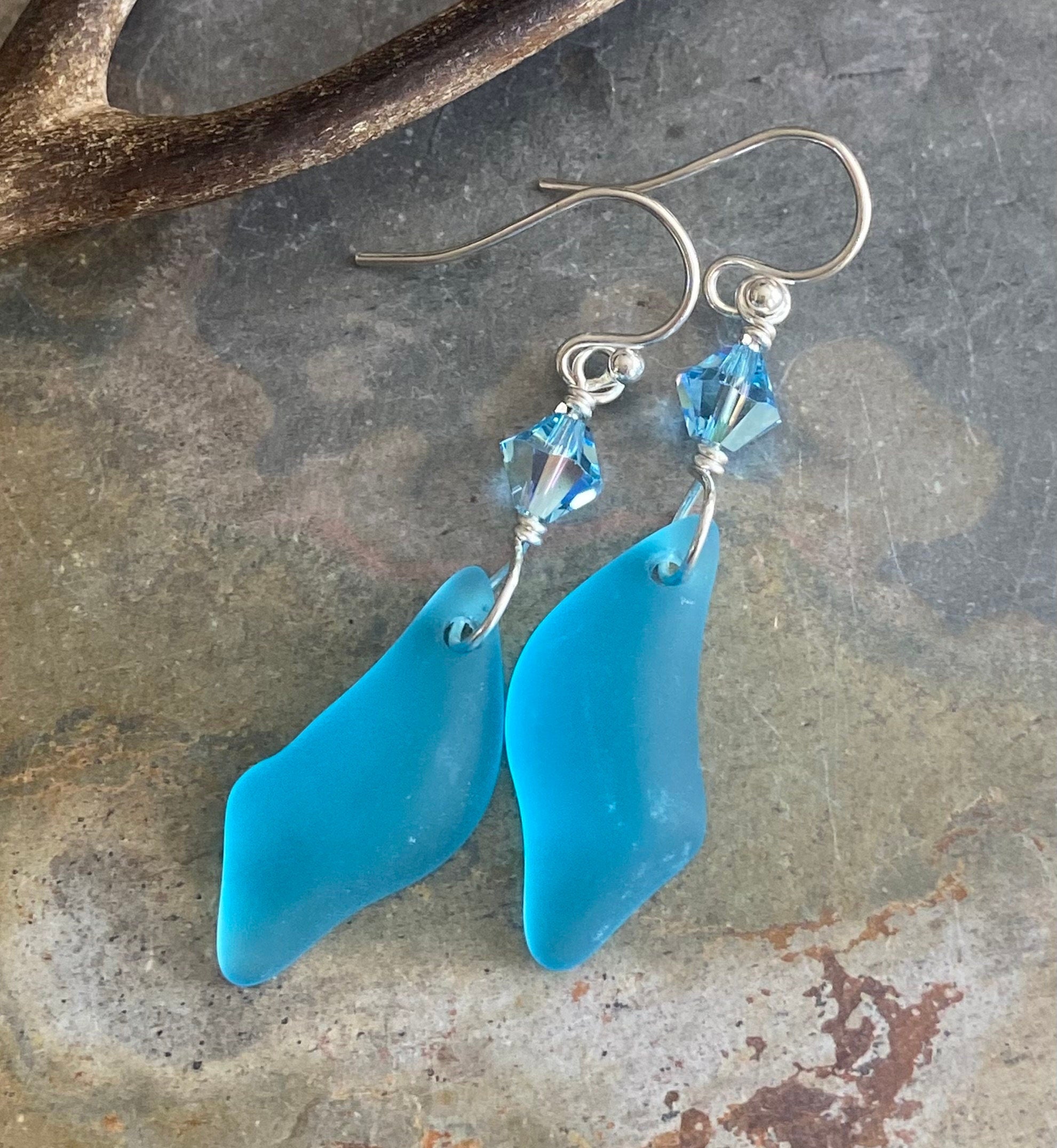 Wire wrapped Sea Glass Jewelry in Sterling Silver, Sea Glass Silver Earrings, Dangling Earrings ,Beach Weddings, Sea Glass  earrings