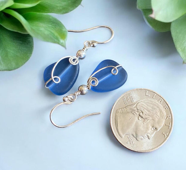Sea Glass Earrings, Wire Wrapped Light Blue Sea Glass Earrings in STERLING SILVER, Beach Glass Jewelry, Sea glass Dangling Earrings,