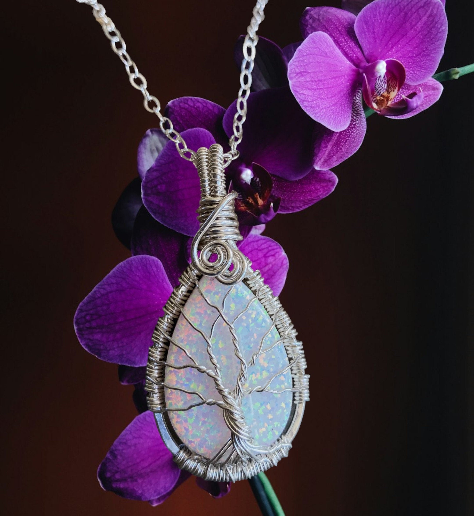 Opal Pendant, Fast READY Ship in 1 to 2 days, STERLING SILVER White Opal Necklace, October Birthstone Necklace, Opal Tree of Life Necklace