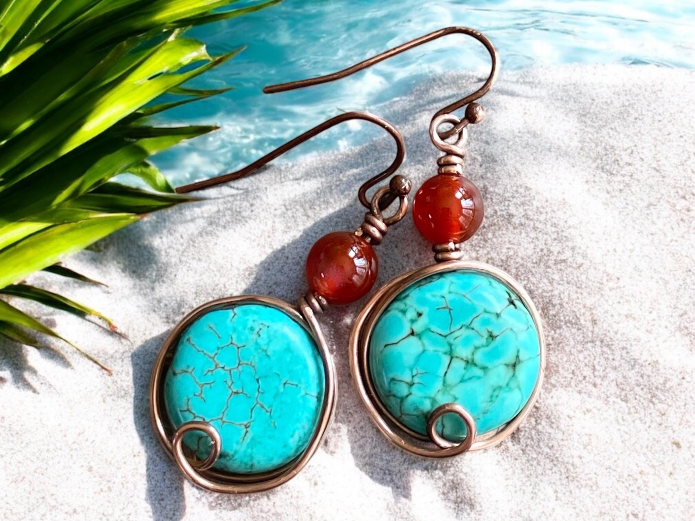 Turquoise Carnelian Earrings in Copper, Wire Wrapped Howlite Turquoise  Dangle Earrings,   Rustic Jewelry, Handmade Jewelry, Gifts for Women