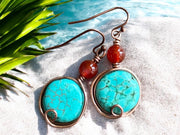 Turquoise Carnelian Earrings in Copper, Wire Wrapped Howlite Turquoise  Dangle Earrings,   Rustic Jewelry, Handmade Jewelry, Gifts for Women