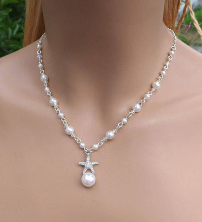Starfish Pearl Charm Necklace, Beach Theme Crystal Pearl Necklace, Earrings, Starfish Beach Theme Bridal/Bridesmaid Necklace and Earrings