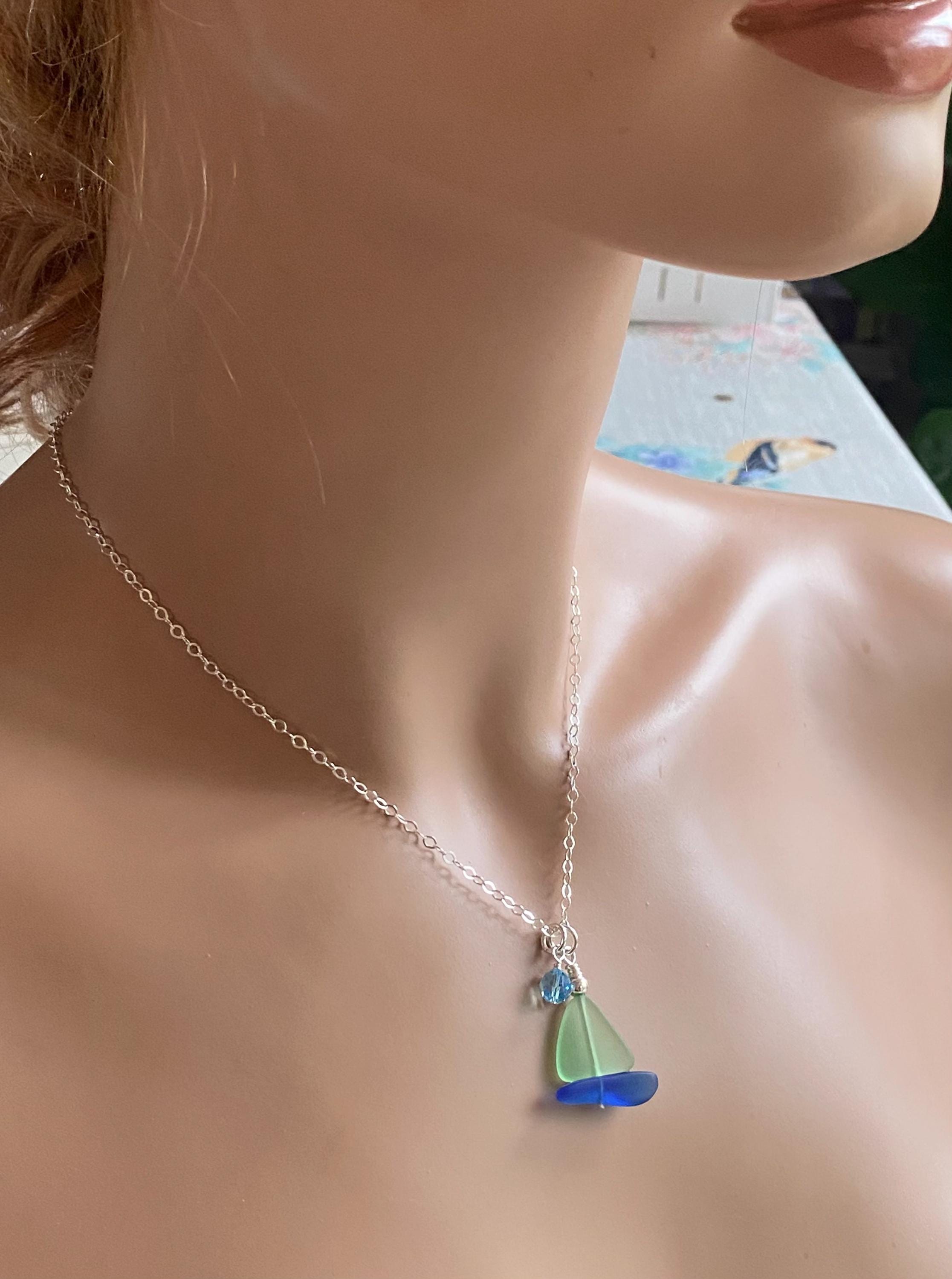 Sailboat Necklace, STERLING SILVER Peridot Green Beach Glass Sailboat Necklace, Green Sea GlassN ecklace, Nautical Sailboat Necklace