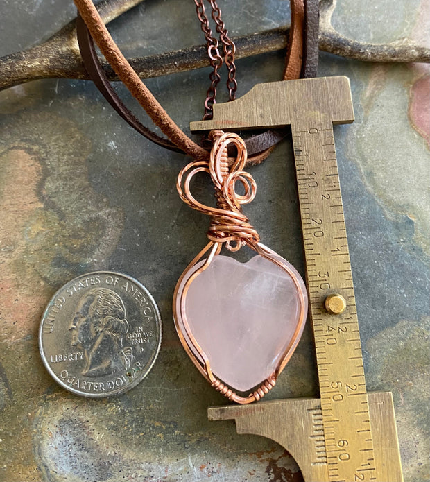 Wire Wrapped Rose Quartz Pendant,Rose Quartz Copper Necklace,Pink Rose Quartz Jewelry, Healing Gemstone ,Grandmas Gift, Rose Quartz Heart