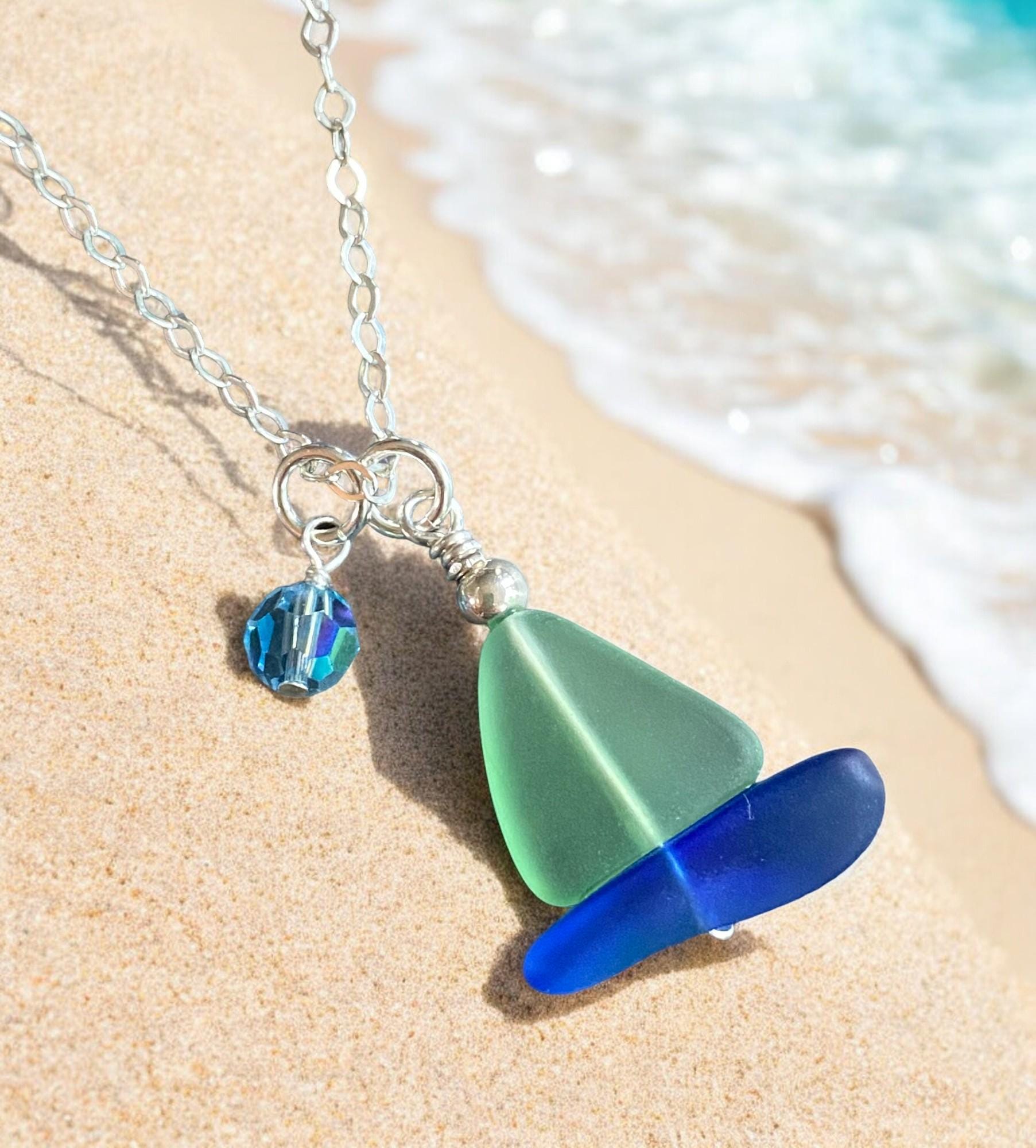 Sailboat Necklace, STERLING SILVER Peridot Green Beach Glass Sailboat Necklace, Green Sea GlassN ecklace, Nautical Sailboat Necklace