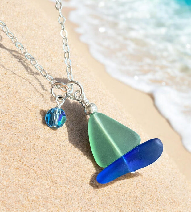 Sailboat Necklace, STERLING SILVER Peridot Green Beach Glass Sailboat Necklace, Green Sea GlassN ecklace, Nautical Sailboat Necklace
