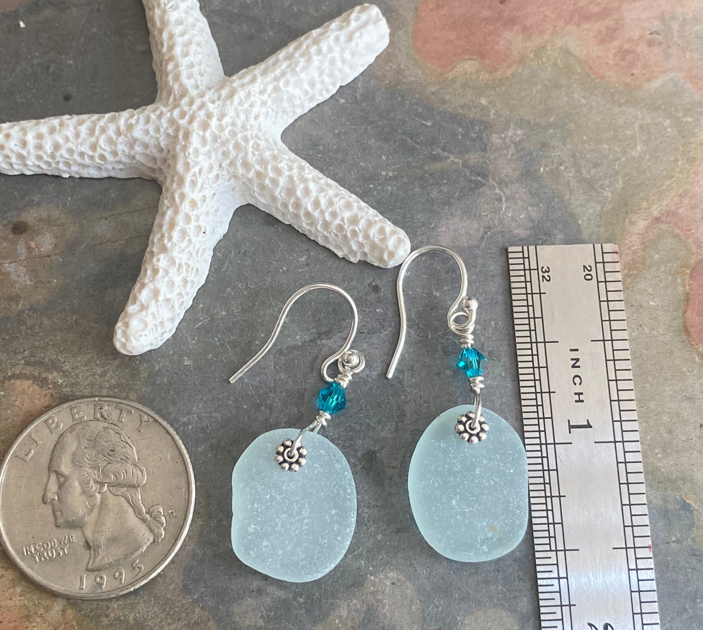 Wire wrapped Sea Glass Jewelry in Sterling Silver, Sea Glass Silver Earrings, Dangling Earrings ,Beach Weddings, Sea Glass  earrings