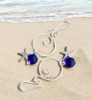 Blue Sea Glass Starfish Silver Charm Dangling Earrings, Spiral Design Sea Glass Nautical Design Earrings, Coastal Ocean Theme Earrings
