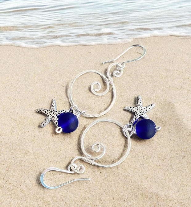 Blue Sea Glass Starfish Silver Charm Dangling Earrings, Spiral Design Sea Glass Nautical Design Earrings, Coastal Ocean Theme Earrings