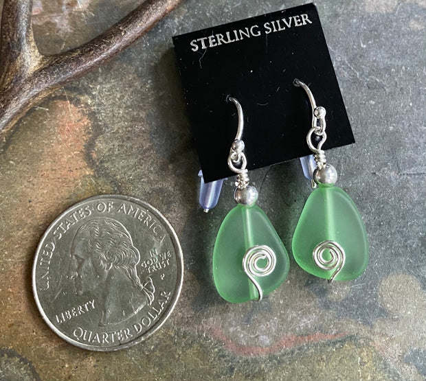 Sea Glass Earrings in STERLING SILVER,Light Green  Sea Glass Earrings, Beach Weddings, Beach Glass Jewelry, Peridot Sea glass Earrings,