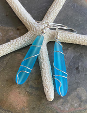 Pacific Blue Dangle Earring, Wire Wrap Blue Sea Glass in Sterling Silver, Sea Glass Beach Jewelry Summer Accessory, Ocean Theme Coastal Gift