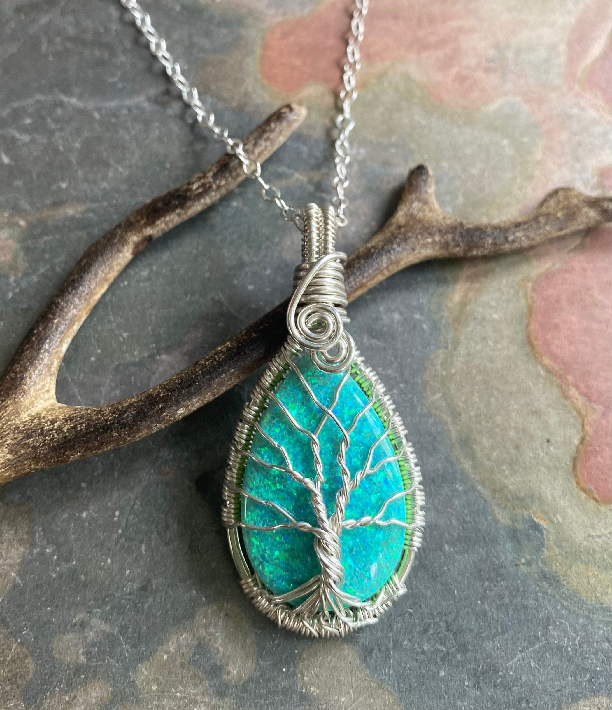 Ready Ship in 1 to 2 days, Aqua Blue  Opal Necklace, Lab Created Opal Tree of Life Jewelry,  October Birthstone Jewelry,