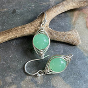 Jade Earrings in  Silver,Wire Wrapped Herringbone green Jade Dangle Earrings,May Birthstone earrings, Healing Gemstone Earrings