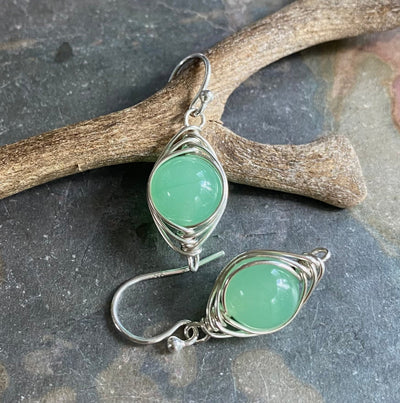 Jade Earrings in  Silver,Wire Wrapped Herringbone green Jade Dangle Earrings,May Birthstone earrings, Healing Gemstone Earrings