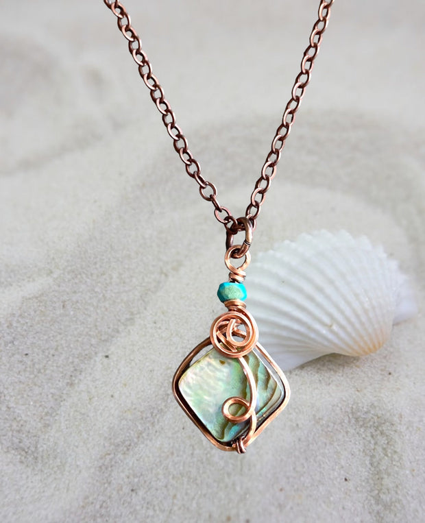 Abalone Necklace, Wire Wrapped Abalone Pendant in Copper, Abalone Jewelry, Rainbow Abalone Necklace, Necklace for Women, Summer Necklace