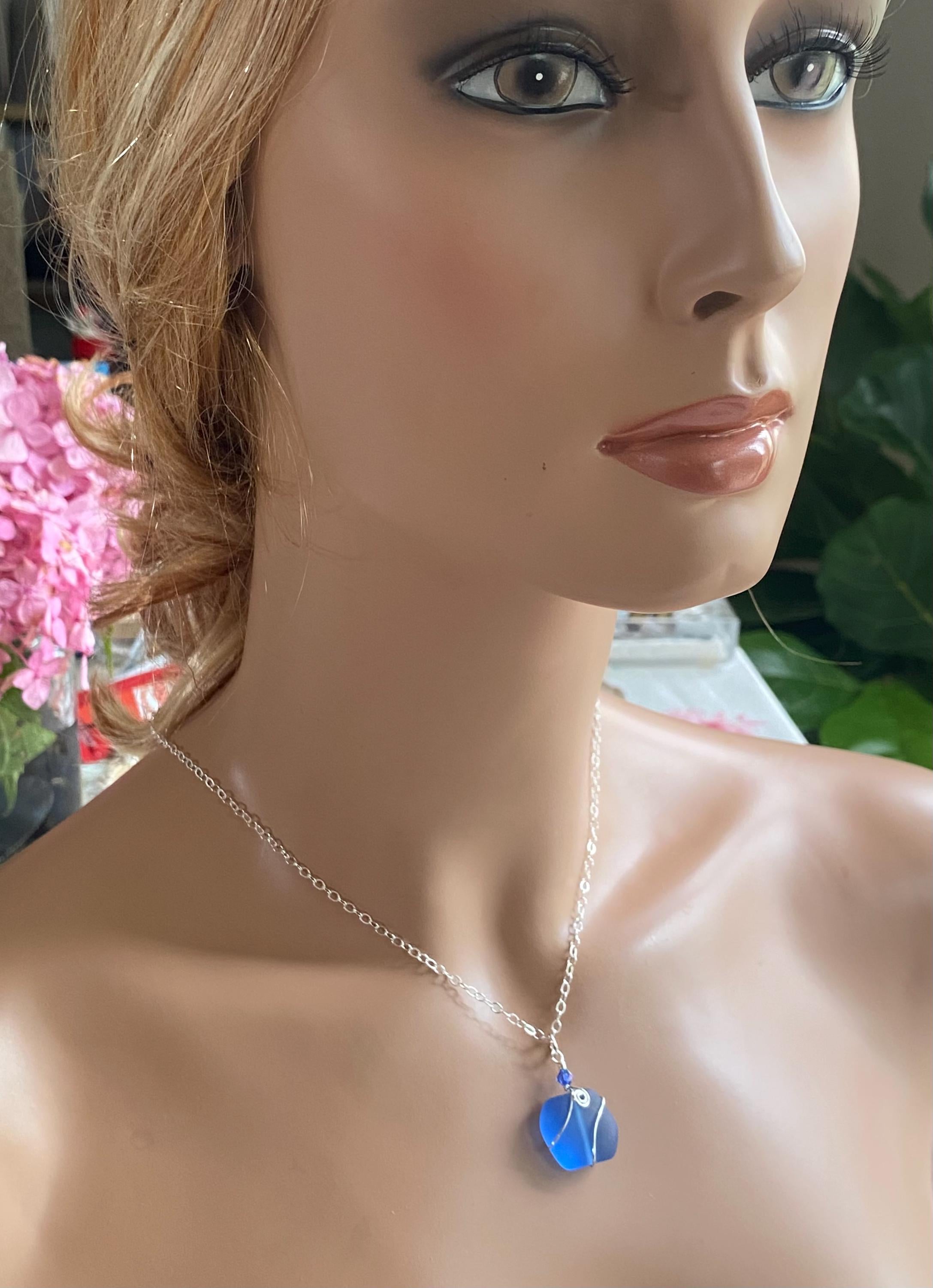 Sea Glass Pendant Necklace, Wire Wrapped Beach Glass Necklace, Sterling Silver Sea Glass, Blue, Green, Periwinkle & White Sea Glass Necklace