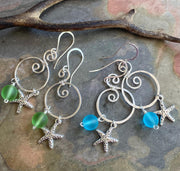 Handmade Sea Glass Starfish Silver Charm Dangling Earrings, Spiral Design Sea Glass Nautical Design Earrings, Coastal Ocean Theme Earrings