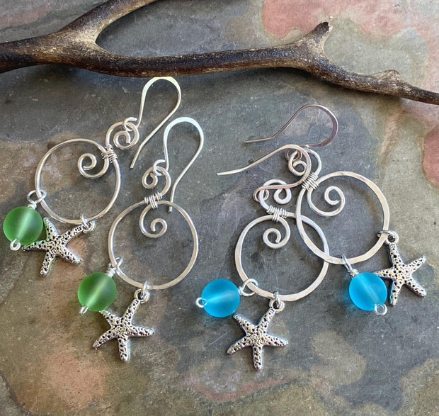 Handmade Sea Glass Starfish Silver Charm Dangling Earrings, Spiral Design Sea Glass Nautical Design Earrings, Coastal Ocean Theme Earrings