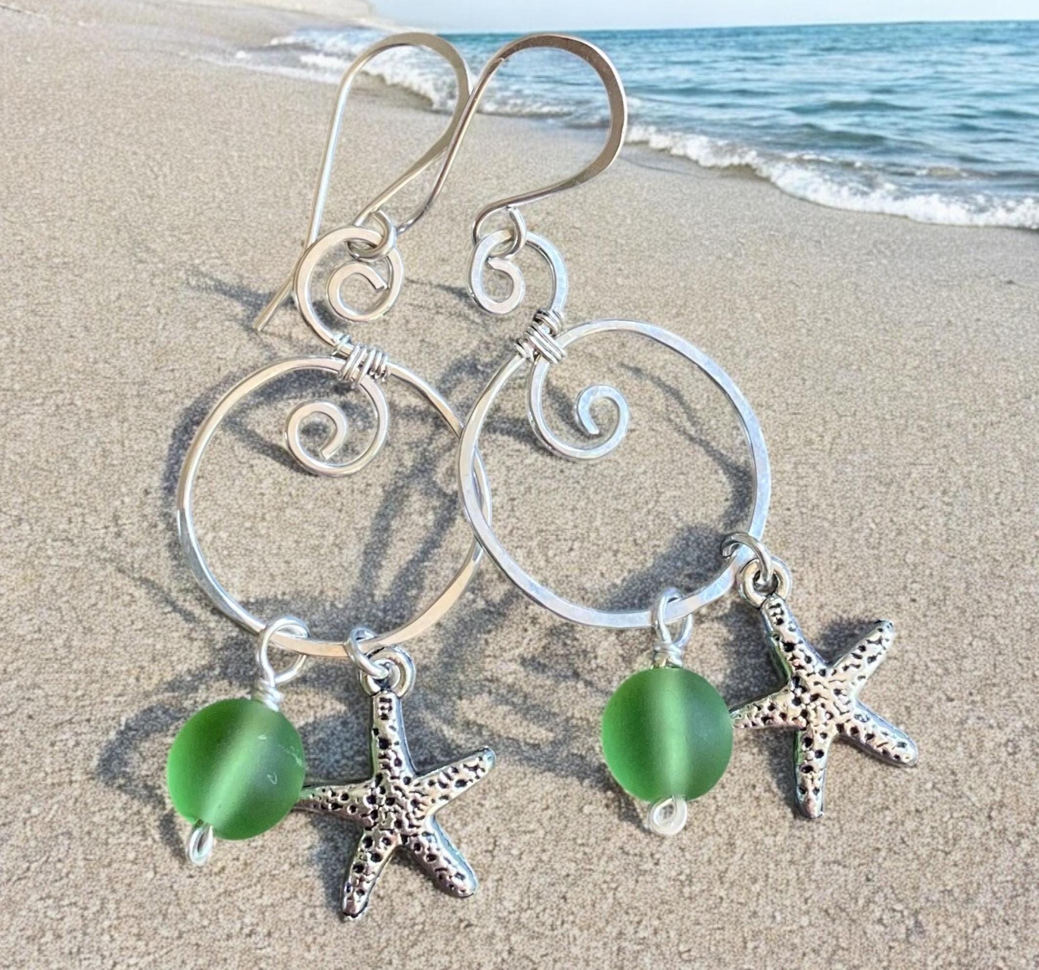 Spiral Sea Glass Earrings with Starfish Silver Charm, Spiral Dangle Earrings, Spiral Green Sea Glass Nautical Earrings, Ocean Theme Earrings