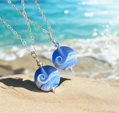 Wave Lampwork  Necklace in .925 Sterling Silver, Ocean Wave Necklace, Blue Beach Wave Sea Glass Necklace, Nautical Sea Glass Jewelry for Her