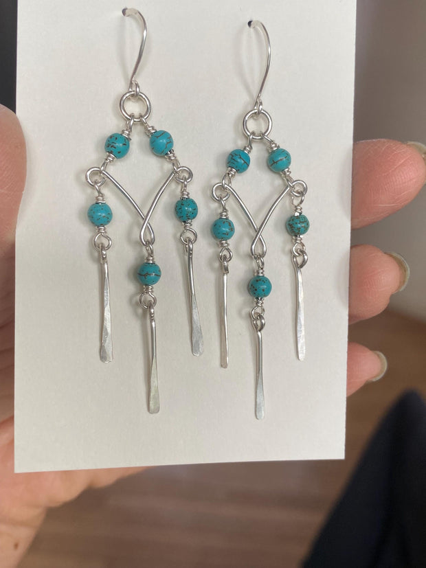Turquoise Dangling Earrings in Sterling Silver, Chandelier Earrings with Howlite Turquoise, Turquoise Earrings, Statement Earrings,