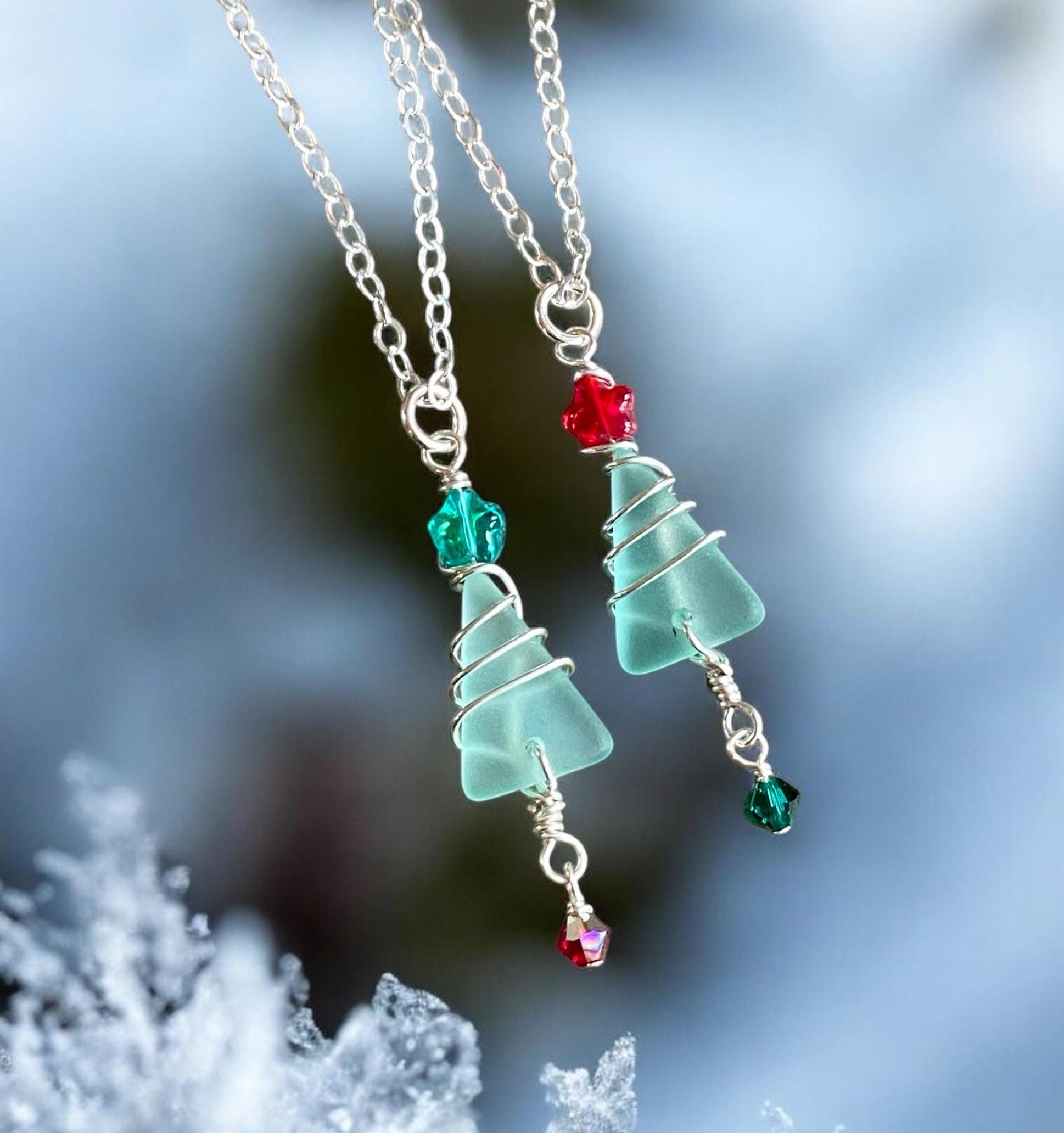 Sterling Silver Wired Christmas Tree Necklace, Sea Glass Christmas Tree Necklace, Holiday Jewelry, Holiday Gifts for Her, Coastal Holiday
