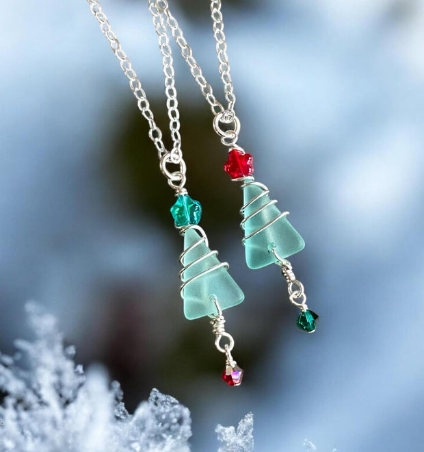 Christmas Tree Necklace, Sea Glass Christmas Tree Necklace, Holiday Jewelry