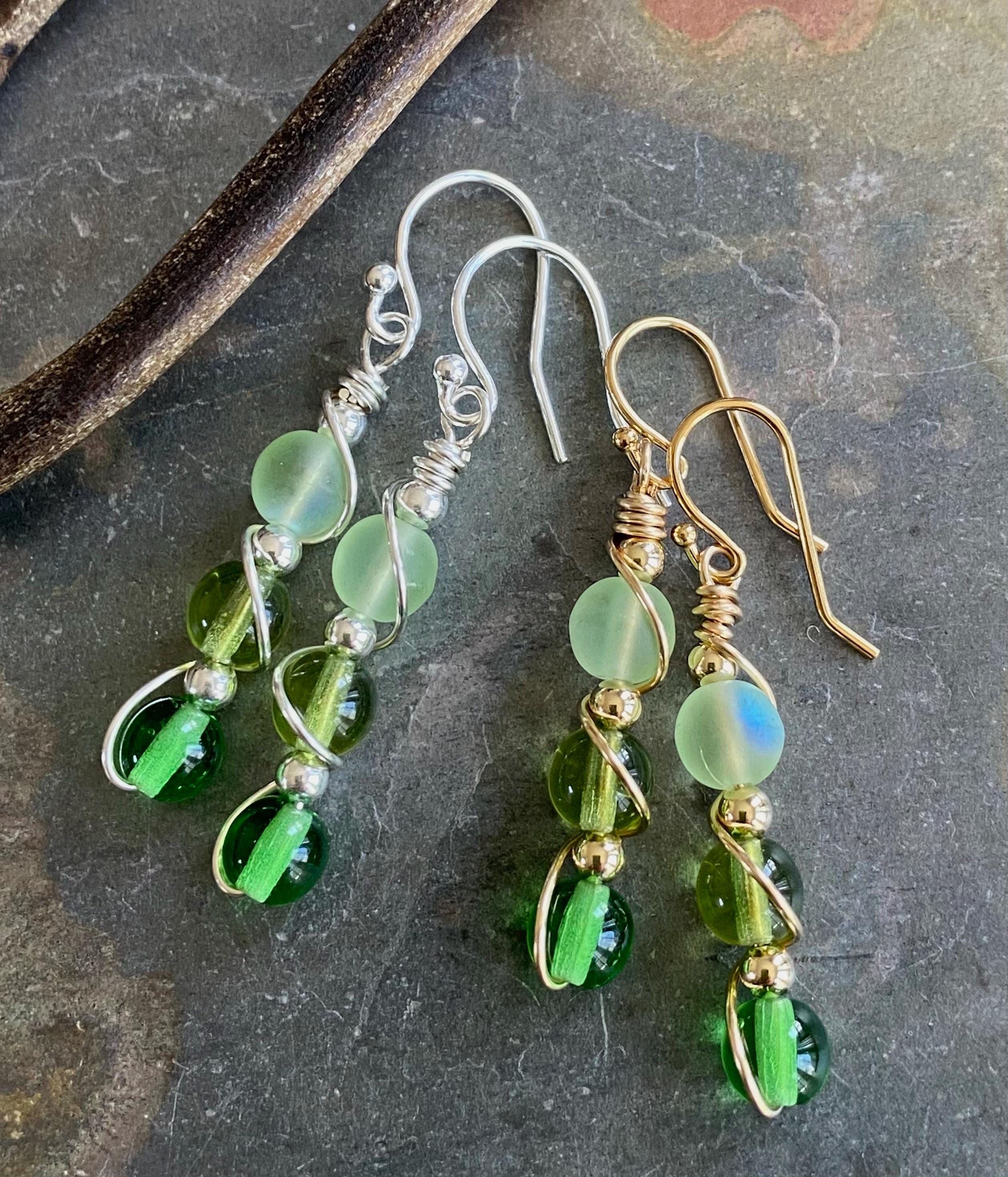 Wire wrapped Sea Glass Jewelry in Sterling Silver, Sea Glass Silver Earrings, Dangling Earrings ,Beach Weddings, Sea Glass  earrings